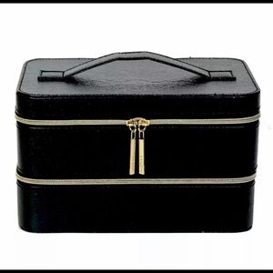 Lancome Large Black Synthetic Leather Train Case Box Organizer, Size 9 x…